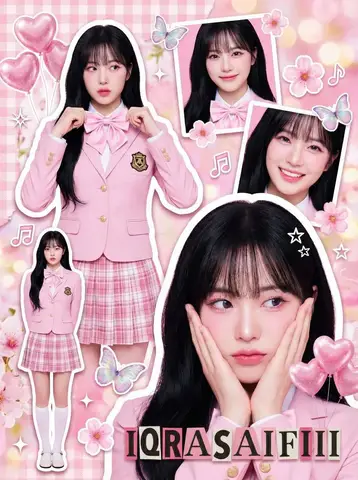 Розовый коллаж со стикерами, несколькими портретами и образом K-pop.