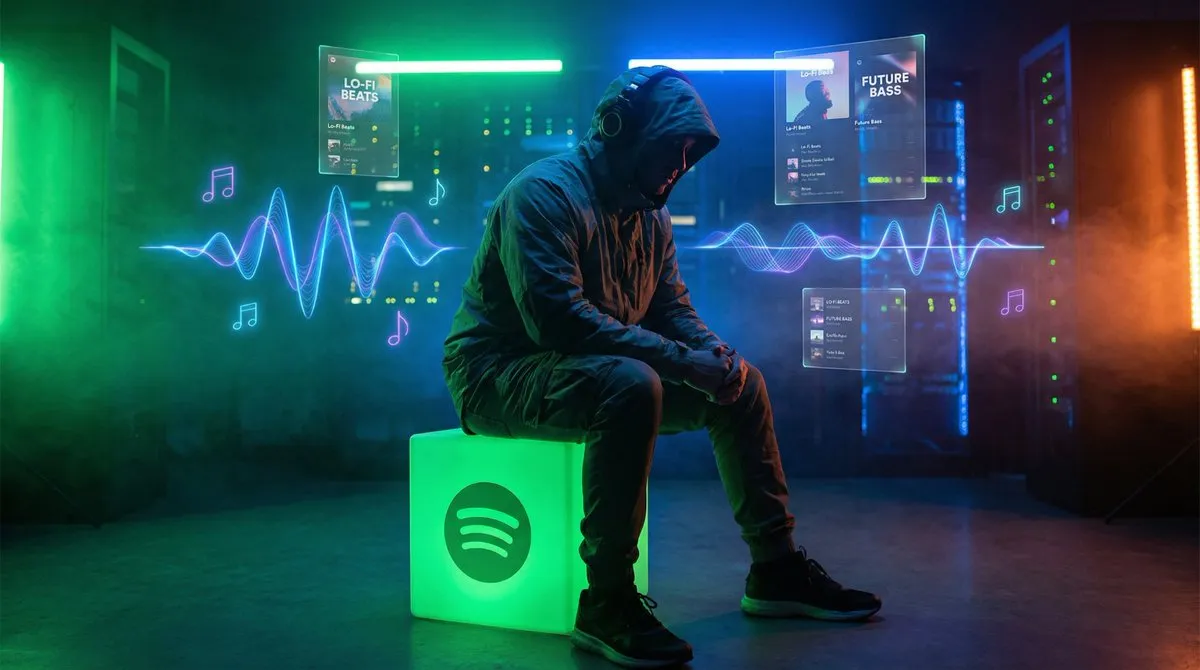 Человек в наушниках сидит у неоновой табуретки Spotify среди голографических волн. · пример 3