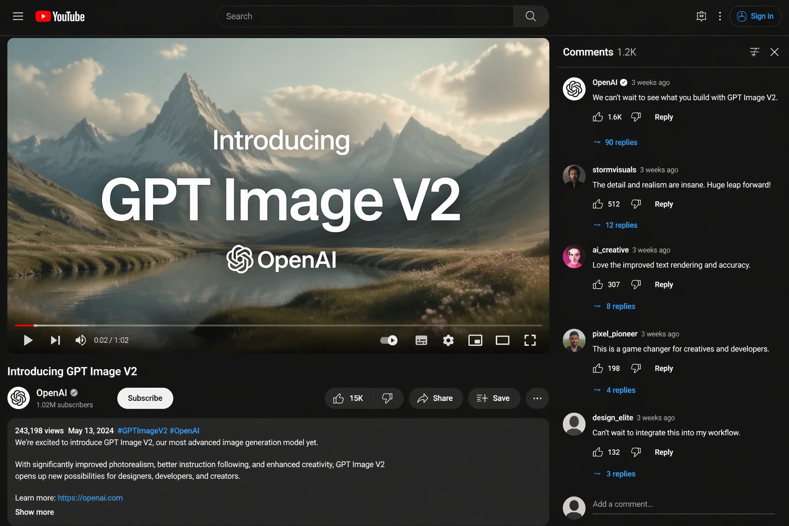 Реалистичный скриншот в стиле YouTube с анонсом GPT Image V2 и комментариями