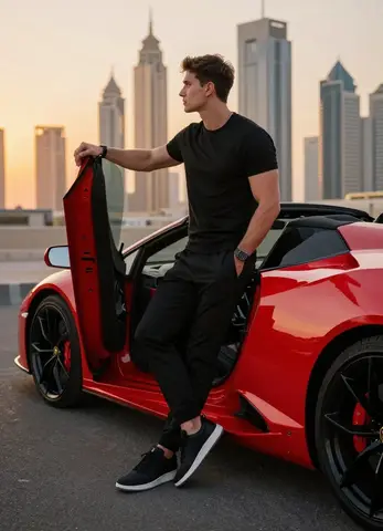 Молодой мужчина стоит у красного Lamborghini Huracán на фоне Дубая.