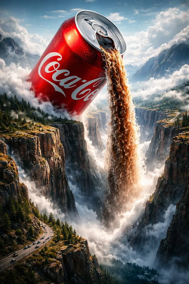 Огромная банка Coca-Cola льёт поток колы в глубокий каньон, словно водопад.