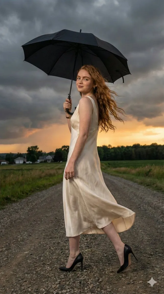 Промпт для портрета Sadie Sink с зонтом на фоне штормового заката и гравийной дороги. · пример 2