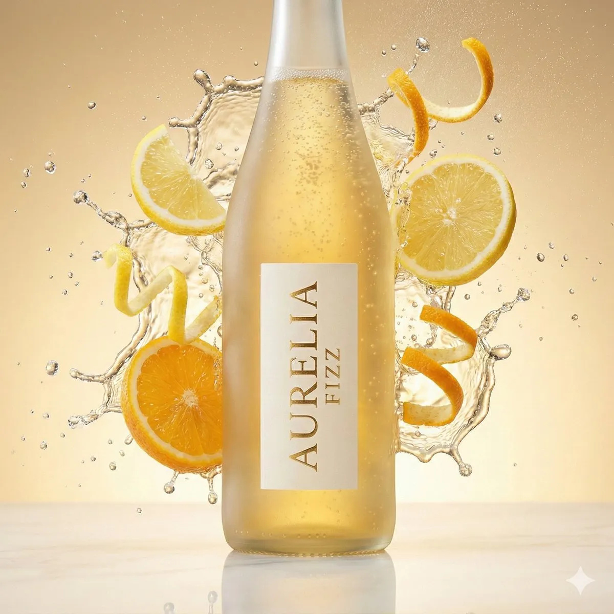 Матовая бутылка AURELIA FIZZ в окружении брызг и ломтиков цитрусовых. · пример 2