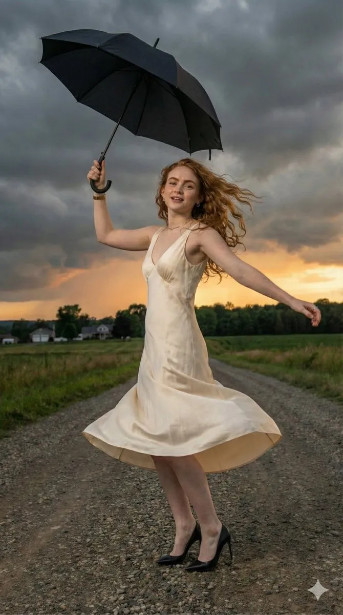 Промпт для портрета Sadie Sink с зонтом на фоне штормового заката и гравийной дороги. · пример 3