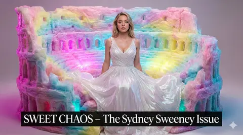 Пример к промпту для портрета Sydney Sweeney среди сахарной ваты в виде амфитеатра.
