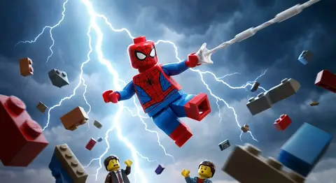 Пример к промпту о Человеке-пауке из LEGO в динамичной сцене с грозовым небом и минифигурками.