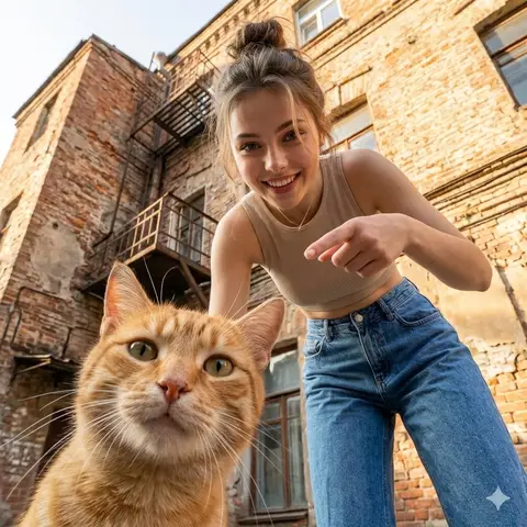 Пример низкого ракурса: женщина указывает на рыжего кота на фоне старого здания.