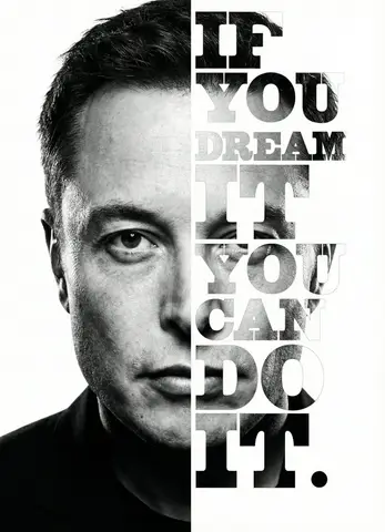Пример промта для постера с чёрно-белым портретом Elon Musk и вертикальной надписью.