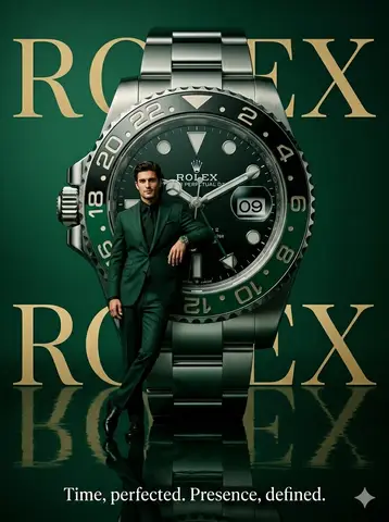 Мужчина в тёмно-зелёном костюме стоит у больших часов Rolex в отражающей изумрудной студии.