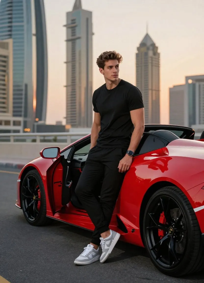 Молодой мужчина стоит у красного Lamborghini Huracán на фоне Дубая. · пример 2