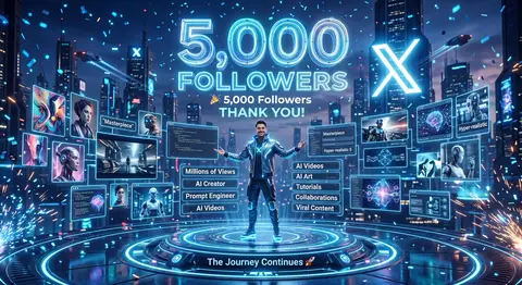ИИ-креатор стоит на неоновой платформе перед голографической надписью «5,000 FOLLOWERS».