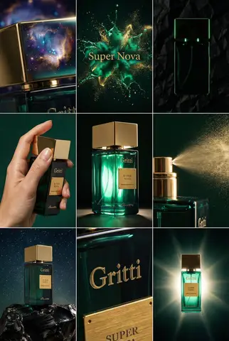 Промпт для редакционной сетки кадров с флаконом парфюма Gritti Super Nova.