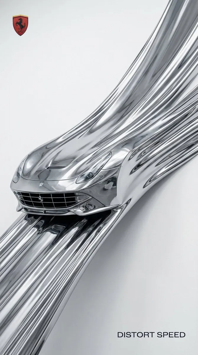 Передняя часть Ferrari вытягивается в полосы жидкого хрома на матовом белом фоне. · пример 4