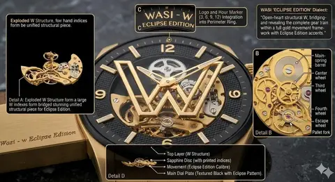 Часы WASI W Eclipse Edition лежат на чёрном мраморе; ажурная буква W открывает вид на механические шестерёнки.