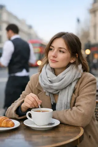 Промпт для портрета женщины за чаем в лондонском уличном кафе