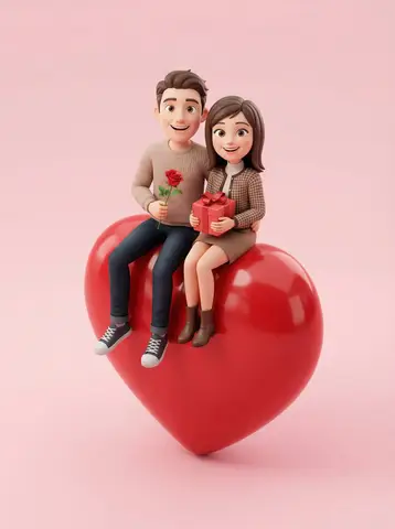 Промпт для 3D-сцены пары, сидящей на большом красном сердце.