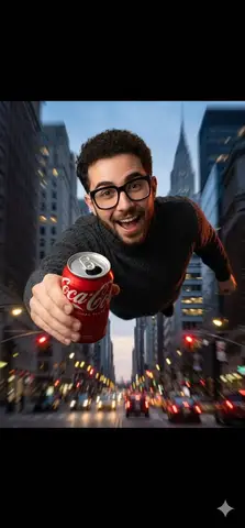 Промпт для широкоугольного кадра летящих над городом мужчин с банкой Coca-Cola.