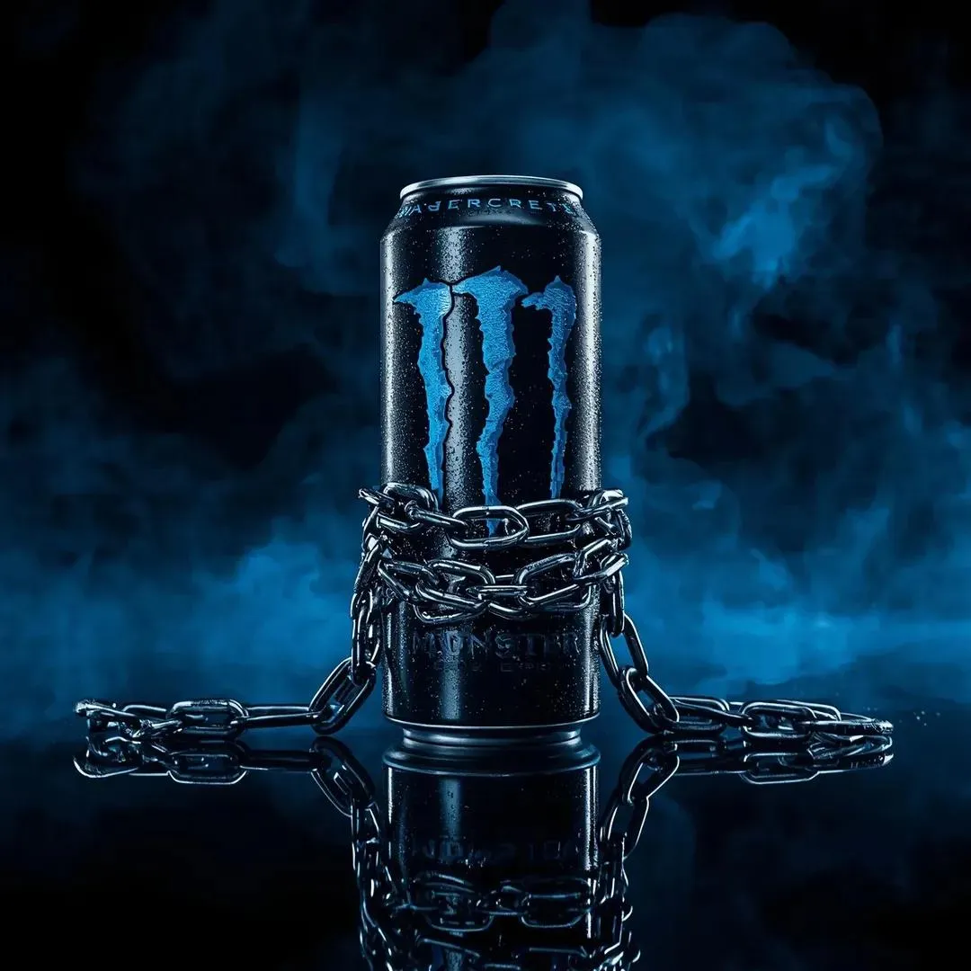 Промпт для рекламного видео банки Monster на чёрной отражающей поверхности, обвитой стальными цепями.