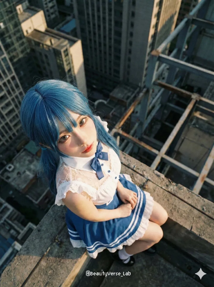 Промпт для кинематографичного портрета на краю небоскрёба. · пример 2