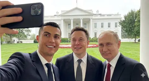Пример сцены, где Криштиану Роналду, Илон Маск и Владимир Путин фотографируются у Белого дома.