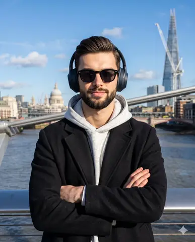 Пример промпта для портрета мужчины у Темзы с башней The Shard вдалеке.