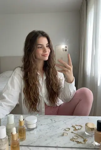 Женщина делает селфи в зеркале у белого мраморного столика с косметикой и золотыми украшениями.
