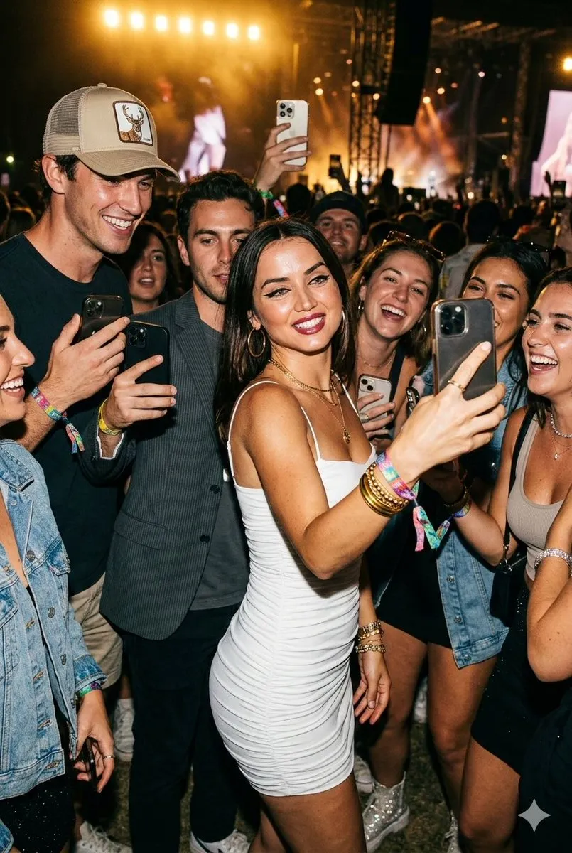Пример промта для фестивального снимка Ana de Armas с телефоном для селфи среди друзей и огней толпы. · пример 1
