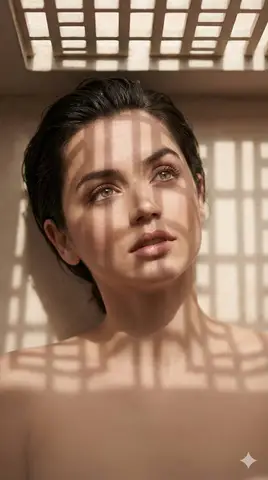 Ana de Armas снята сверху; на её лице и плечах лежат мягкие тени с вертикальным и сетчатым рисунком.