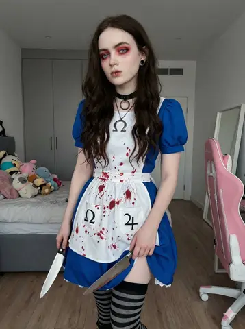 Промпт задаёт фотореалистичный косплей Alice Liddell в синем платье и современной спальне.