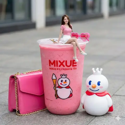 Промпт для миниатюрной девушки на стаканах Ruixing Coffee и Mixue Bingcheng