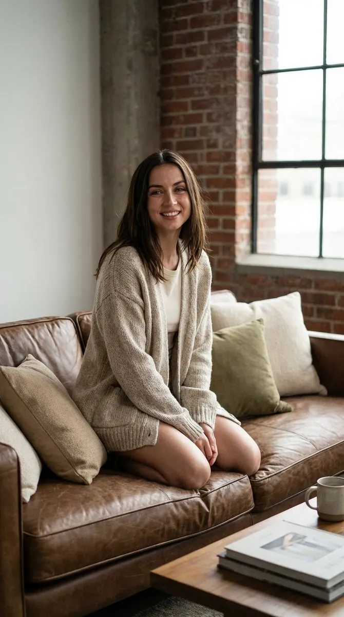 Ana de Armas в мягком свитере сидит на кожаном диване в гостиной в стиле лофт. · пример 2