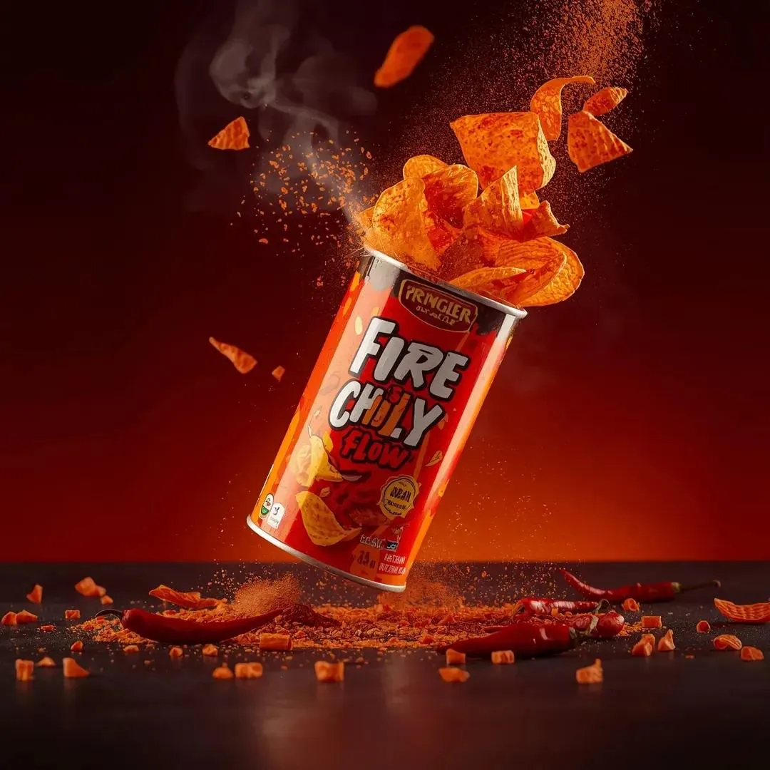 Банка Pringler Fire Chili Flow наклонена в воздухе, из неё вылетают чипсы и частицы специй. · пример 4