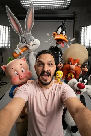 Группа персонажей Looney Tunes позирует для селфи в студии.