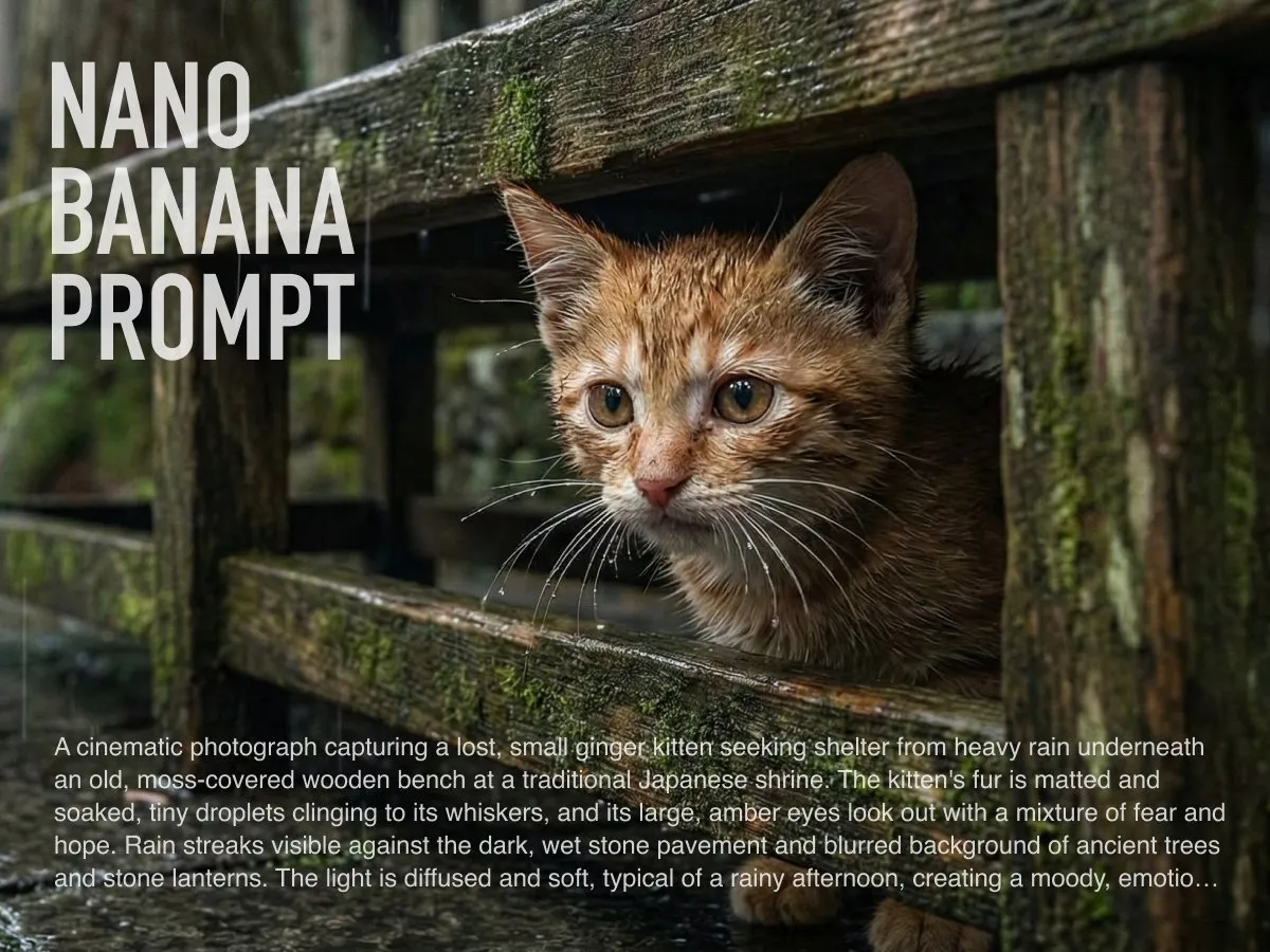 Пример промпта для фотореалистичного кадра котёнка в дождливый день