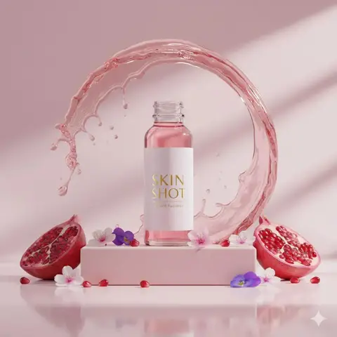 Флакон Skin Shot стоит на розовом постаменте среди цветов и зёрен граната.
