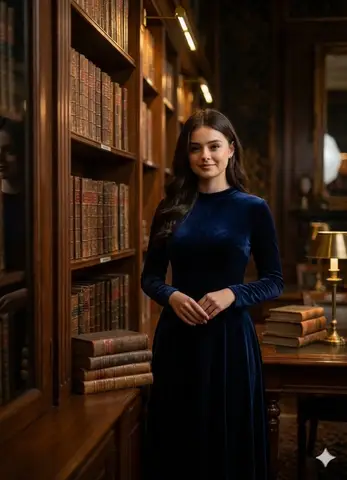 Промпт для портрета женщины у книжных полок в тёплом свете библиотеки.