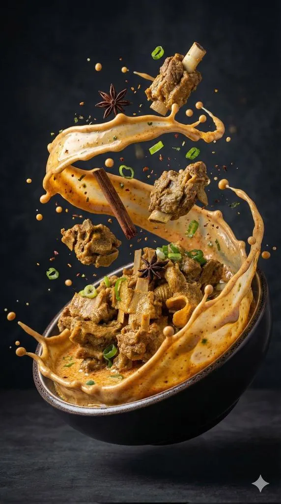 Пример серии промптов для динамичной рекламной съёмки мясного супа, лапши и говяжьих рёбер. · пример 2