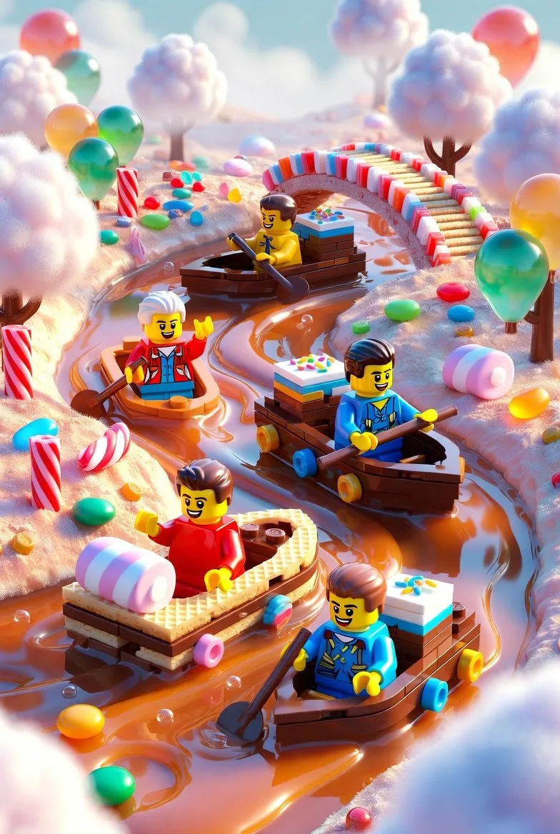 Персонажи Lego плывут на вафельных лодках по карамельной реке.