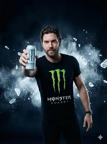 Пример JSON-промпта для рекламного портрета с банкой Monster Energy.