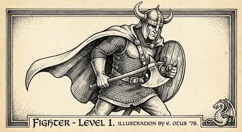 Чёрно-белый персонаж в боевом снаряжении в стиле RPG-справочника 1970-х.