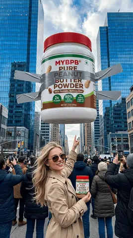 Огромная банка MYBPB закреплена на небоскрёбе, а амбассадор бренда указывает на неё с улицы.