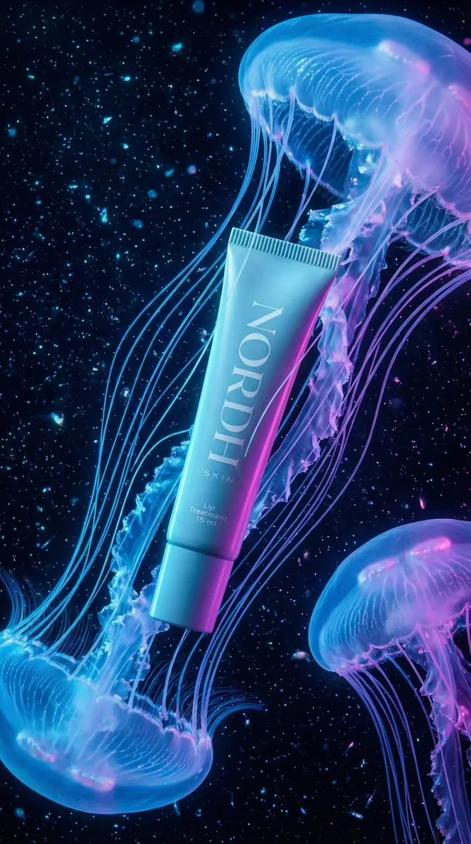 Бирюзовый тюбик MODA SKIN среди кораллов и медуз под водой. · пример 4