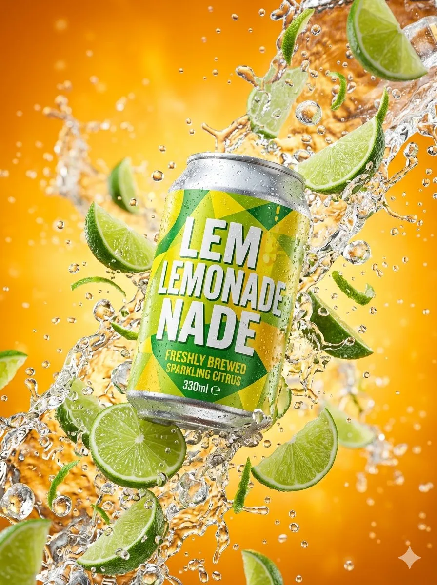 Банка лимонада LEMONADE окружена каплями воды и ломтиками лайма на оранжевом фоне. · пример 2