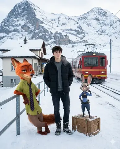 Мужчина стоит на заснеженной платформе рядом с Nick Wilde и Judy Hopps, а красный поезд отходит от станции.