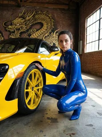 Девушки в синих и красных латексных боди позируют в гараже у жёлтого McLaren и чёрного Ferrari; на стене — золотой дракон.