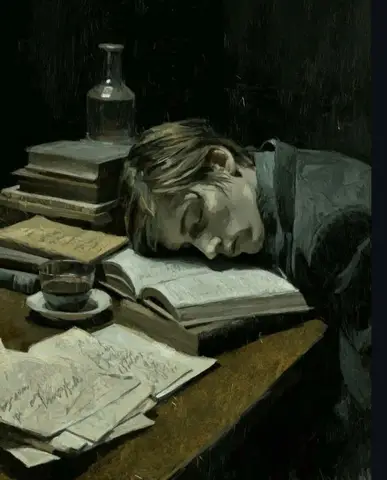 Светловолосый мужчина спит над раскрытой книгой за столом среди книг и рукописных бумаг.