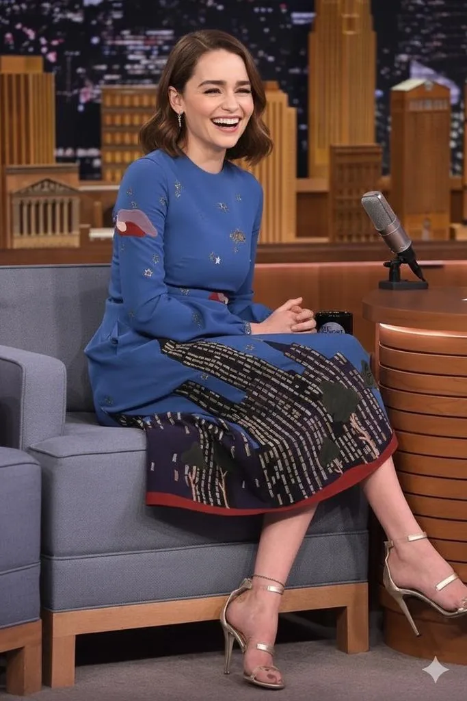 Промпт для портрета актрисы, вдохновлённой Emilia Clarke, на сцене ток-шоу рядом с Jimmy Fallon. · пример 1