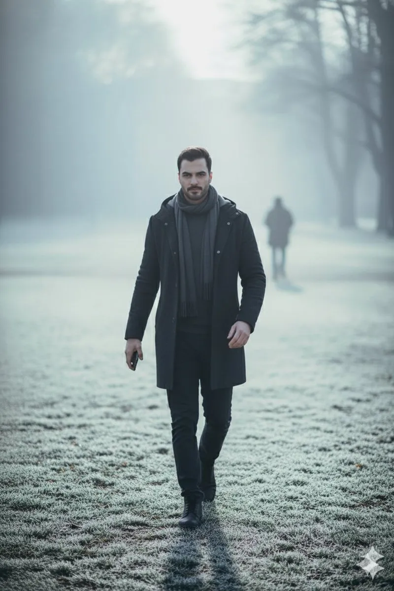 Мужчина на прогулке в зимнем городском парке, снятый в вертикальном кадре с размытым фоном. · пример 2