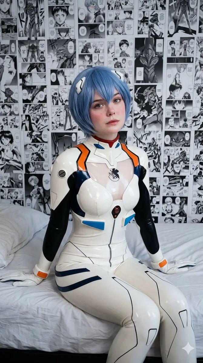 Пример портрета в косплее Rei Ayanami с манга-панелями на стене. · пример 1