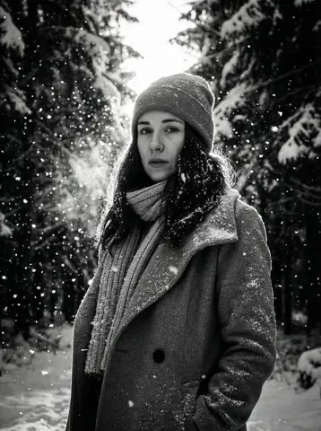 Короткий текстовый промпт для портрета в заснеженном лесу.